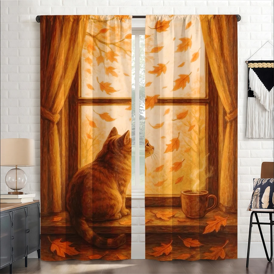 2PCS Digital Print Curtain, Cat Looking Out Window Autumn Leaves, Cozy Fall Feline Seasonal Style for Living Room Bedroom Decor
