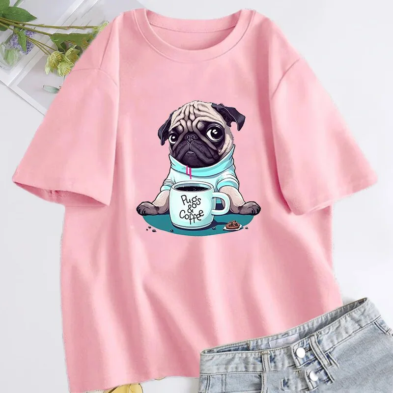 Pugs and Coffee Cotton T-Shirts Funny Dog Print Men Women Casual O-Neck Short Sleeves T Shirt Harajuku Unisex Tees Tops Clothing