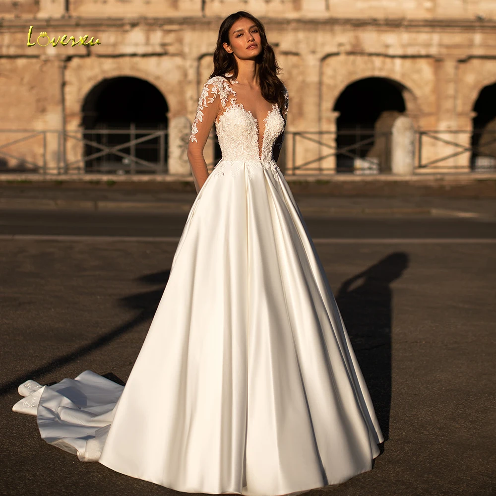 

Loverxu A-Line Illusion Wedding Dresses 2024 Sweetheart Long Sleeve Vestido De Novia Appliques Vintage Satin Robe De Mariee