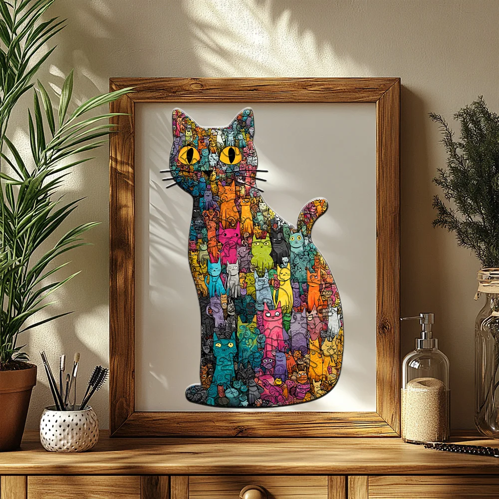 Colorful Cat Shaped Wooden Puzzle Unique Animal Pattern Jigsaw Toy Adult Kids Decompression Intellectual Game Difficult Challeng