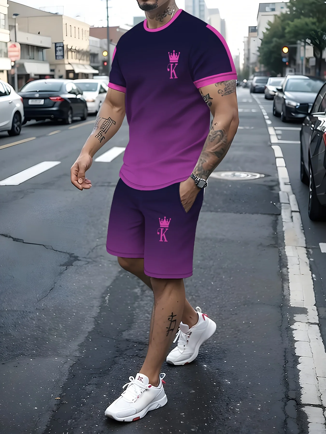 

Men‘s Purple Gradient Letter K Print Streetwear Crew Neck T-Shirt Solid Shorts Quick Dry Two Piece Outfit Sporty Casual Set
