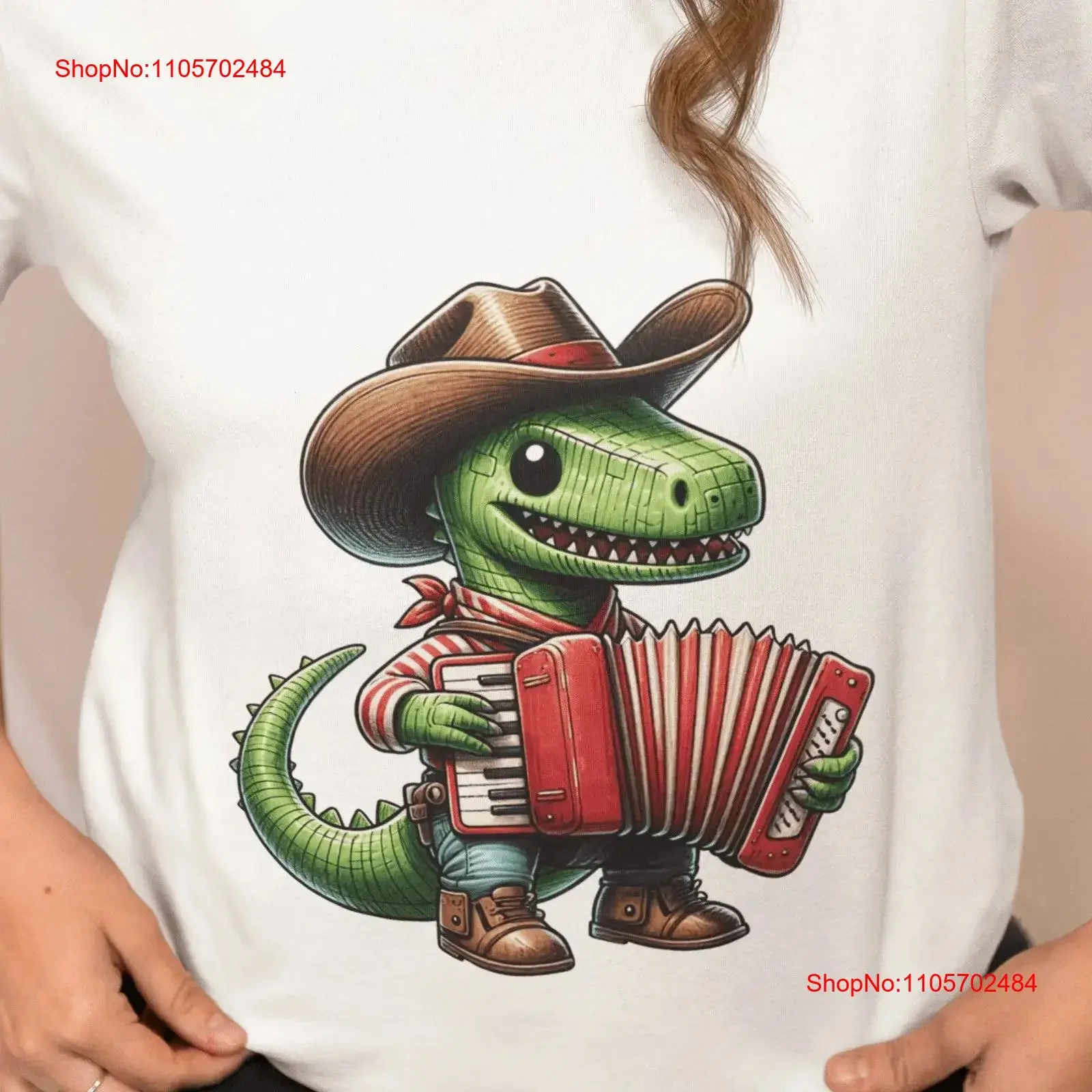 Funny Cowboy Dinosaur T Shirt Cute Green Dino Playing Accordion in Top Hat Boots Unique Country Western Cartoon vintage Washed
