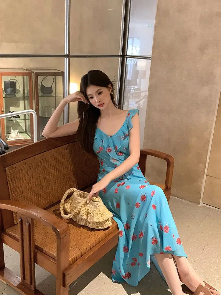 Vestidos sem mangas das mulheres alternativa primavera seda pura perspectiva transparente ditsy em camadas piquenique fluindo pastoral natureza y2k