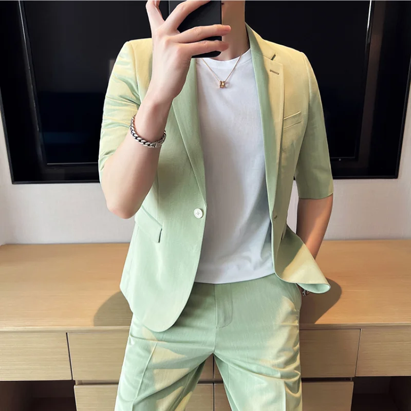 2023 Summer Fashion Short Sleeve Blazer Jacket Match Pant Slim Fit Solid Color 2-piece Men Casual Business Office Party Tuxedo