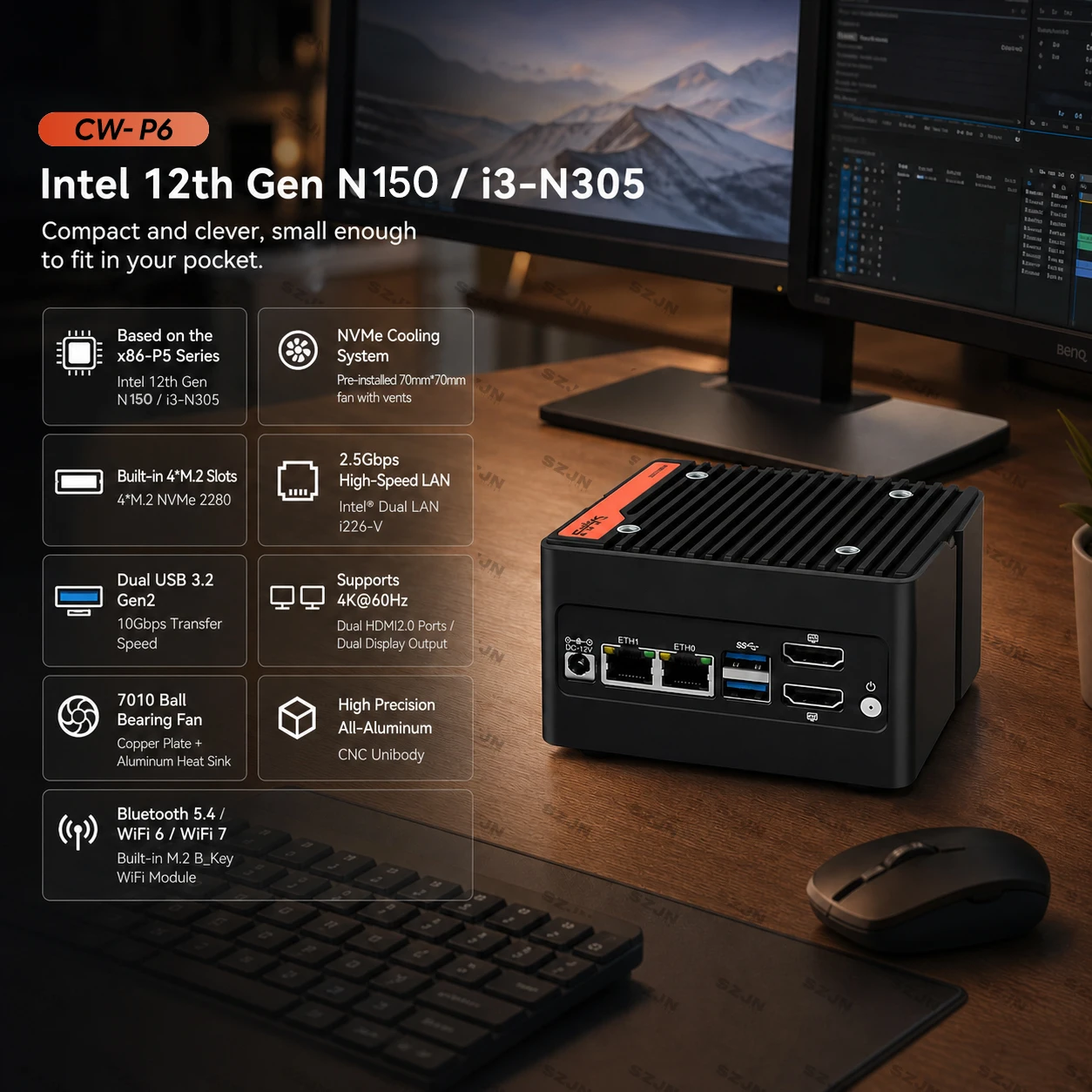 CW-P6 N150 Mini PC DDR5 MAX 48 4x M.2 NVMe Dual Intel i226-V 2.5GbE Dual HDMI 4K Home NAS Server Computer DIY
