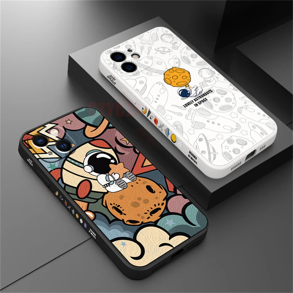 Cute Cartoon Planet Astronaut Silicon Case For iPhone 15 14 13 12 11 Pro Max 12 Mini XS XR X 8 Plus Soft Bumper Shockproof Cover