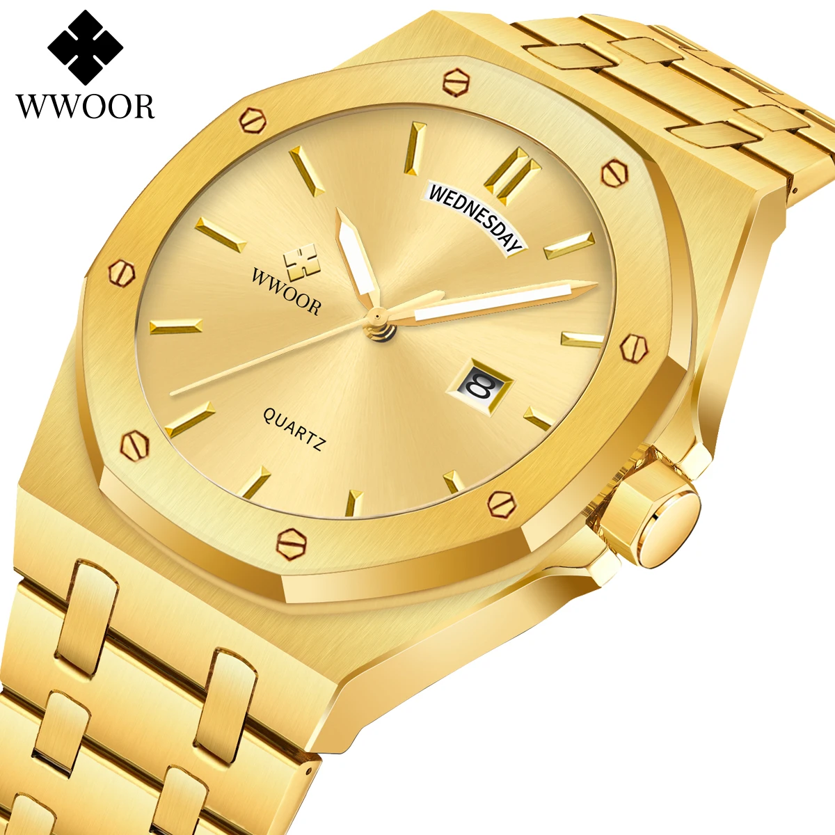 

Luxury Big Brand WWOOR Men's Watches Stainless Steel Waterproof Luminous Watch For Men With Week Calendar Relogio Masculino