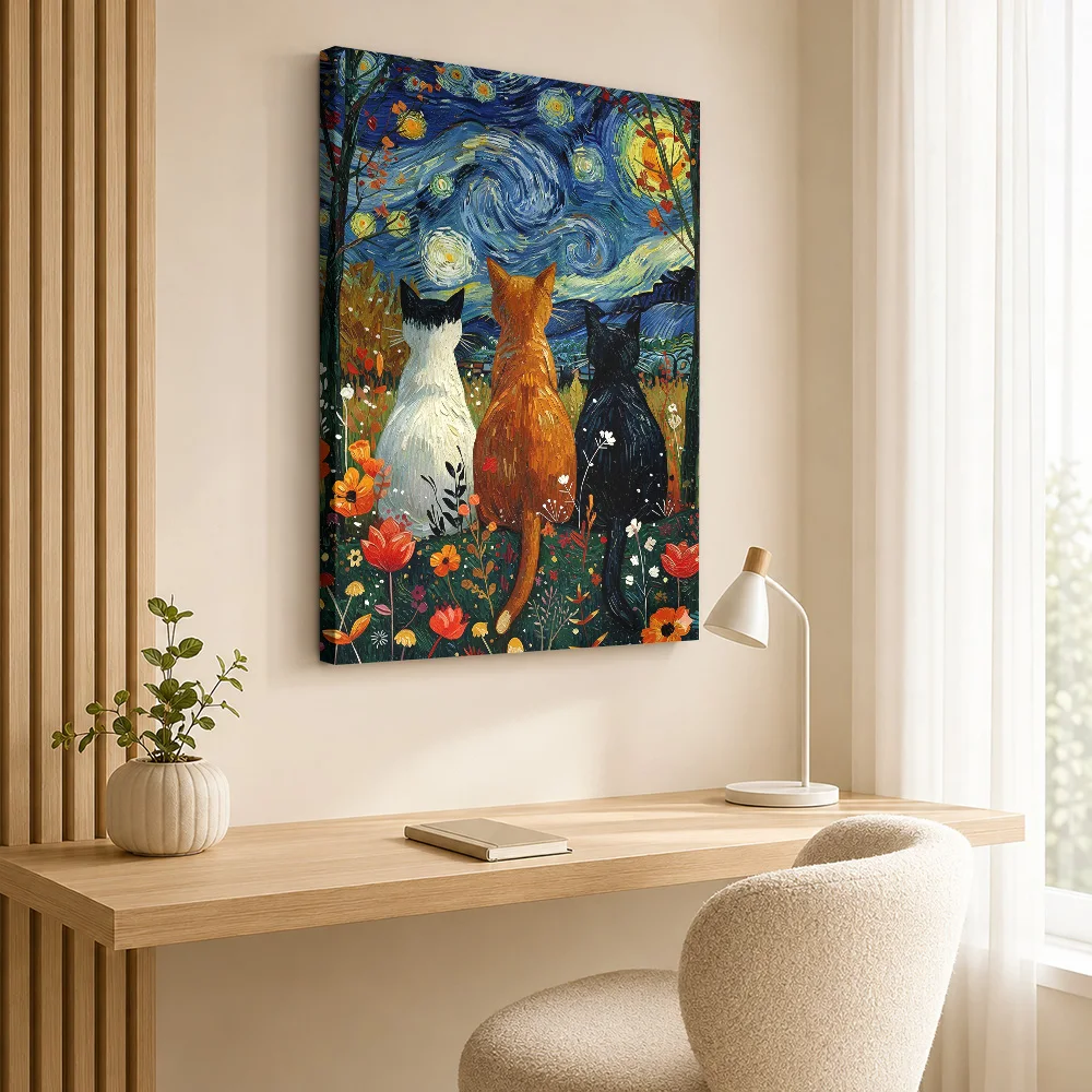 Cats admire Van Gogh's Starry Night Canvas Painting Poster Customized Modern Aesthetic Wall Art for Office Decor Ready to Hang