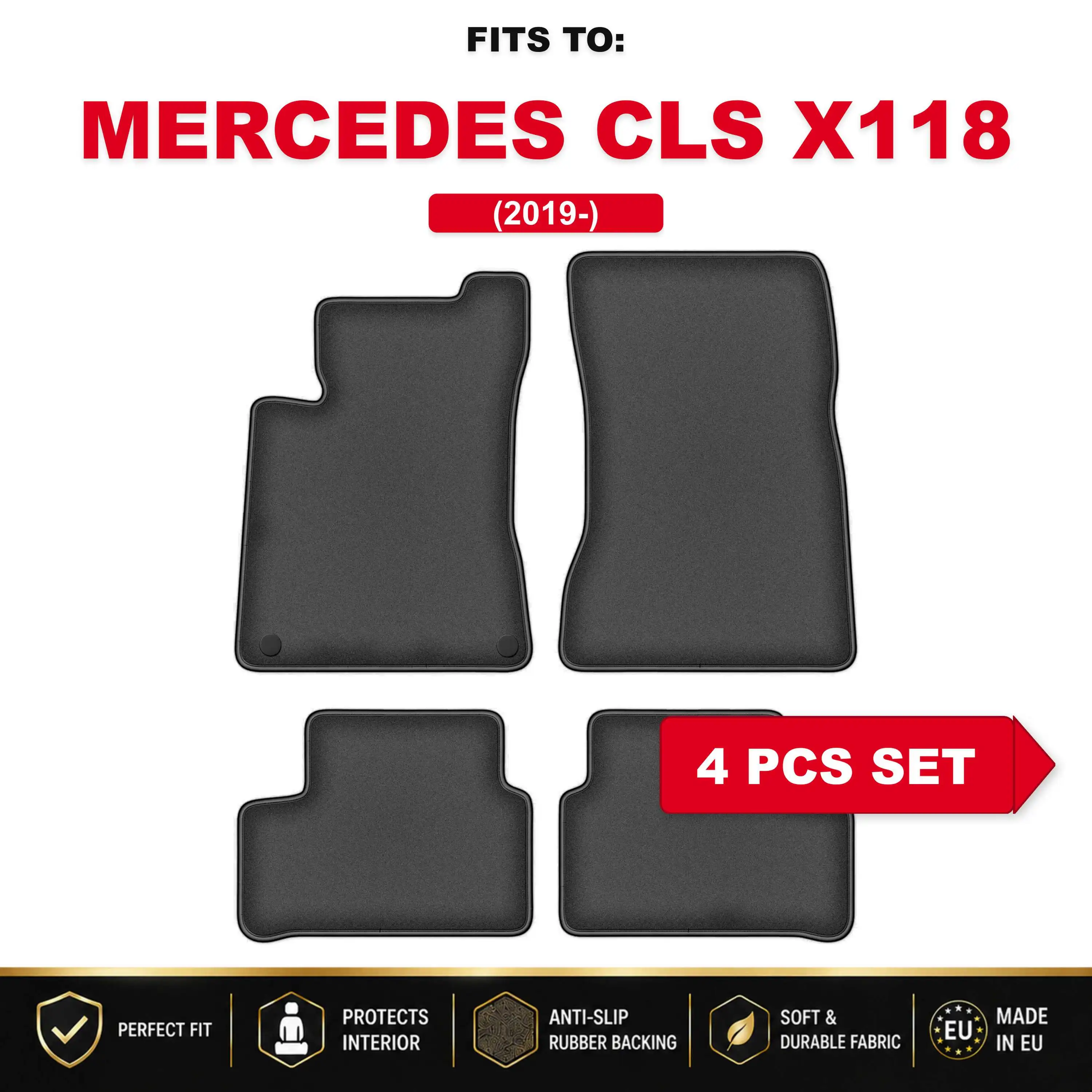 Premium velours autovloermatten, 4 stuks Voor: Mercedes A W177 2018– Autospecifieke vloermattenset