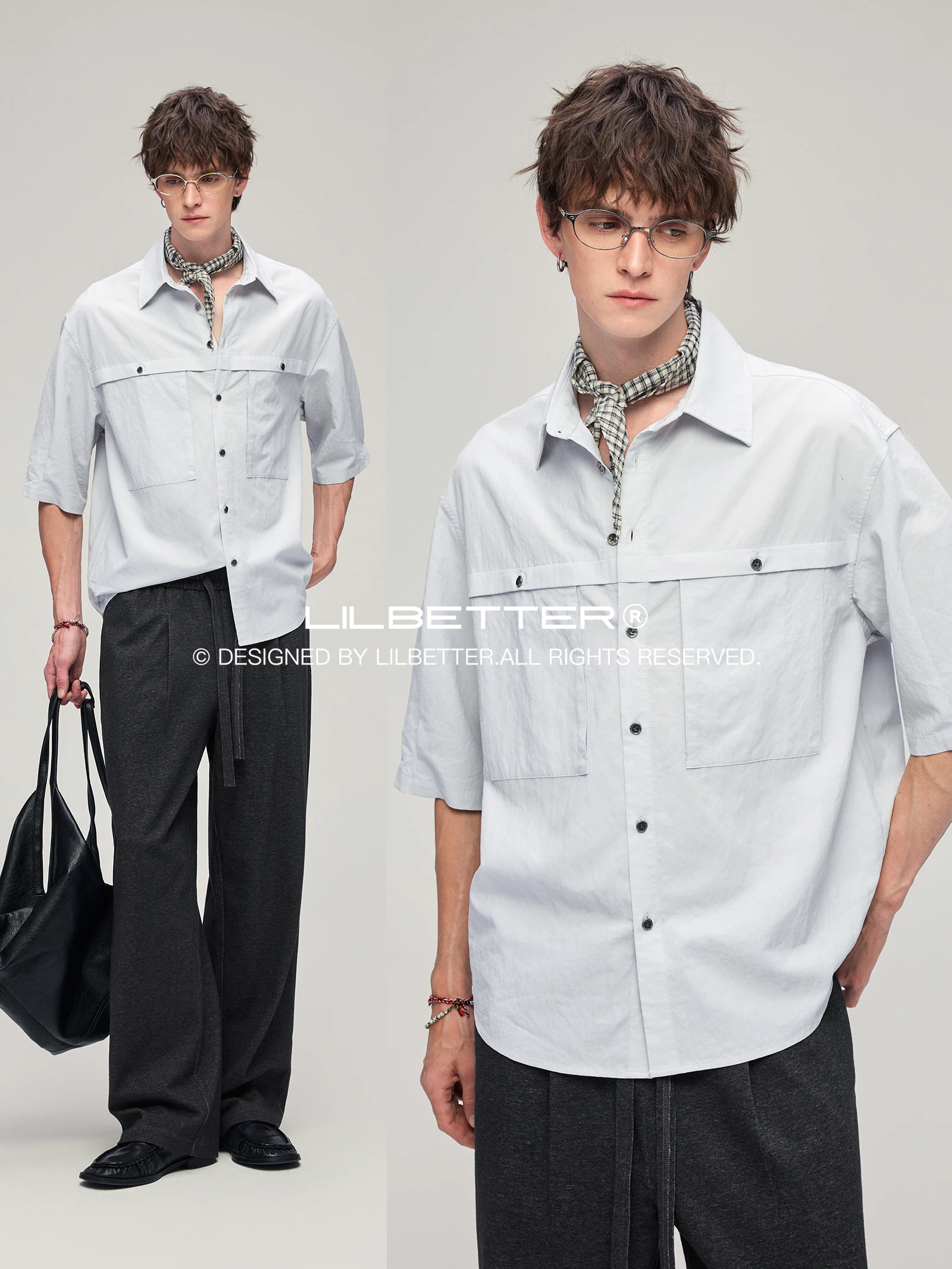 Lilbetter  Linen Workwear Pocket Short Sleeve Shirt Crumpled Texture Five-Quarter Sleeve Shirt Fashion Urban Casual Style