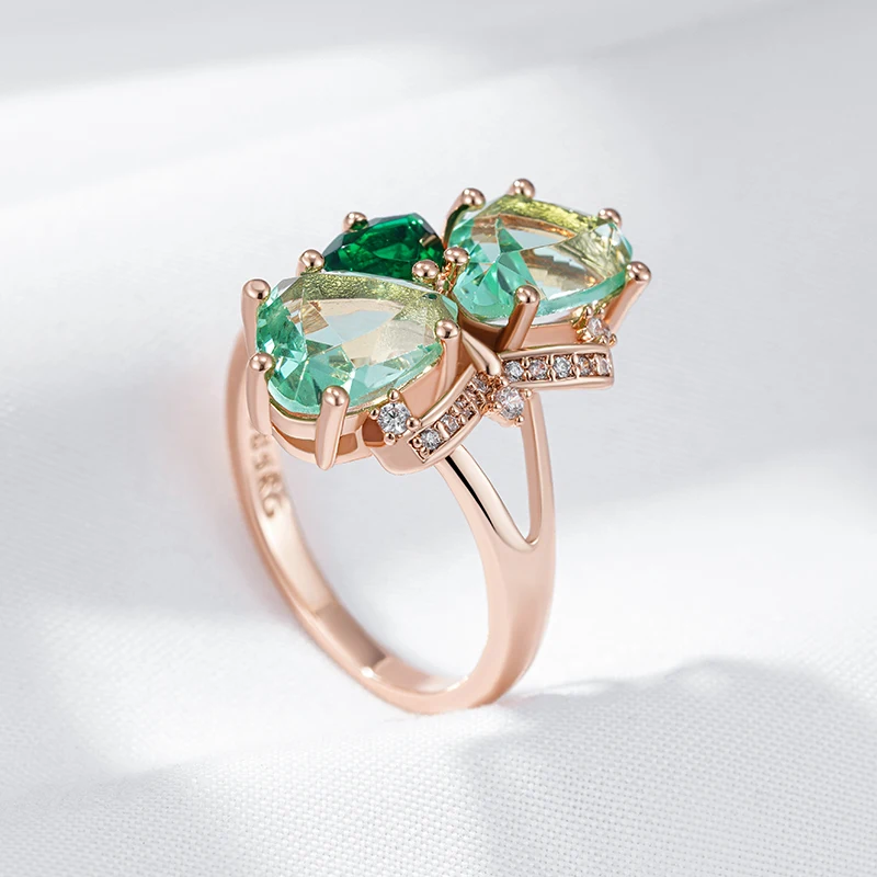 Kinel Unique Green Stone Big Ring for Women Fashion Rhombus Natural Zircon Accessories 585 Rose Gold Color Vintage Daily Jewelry