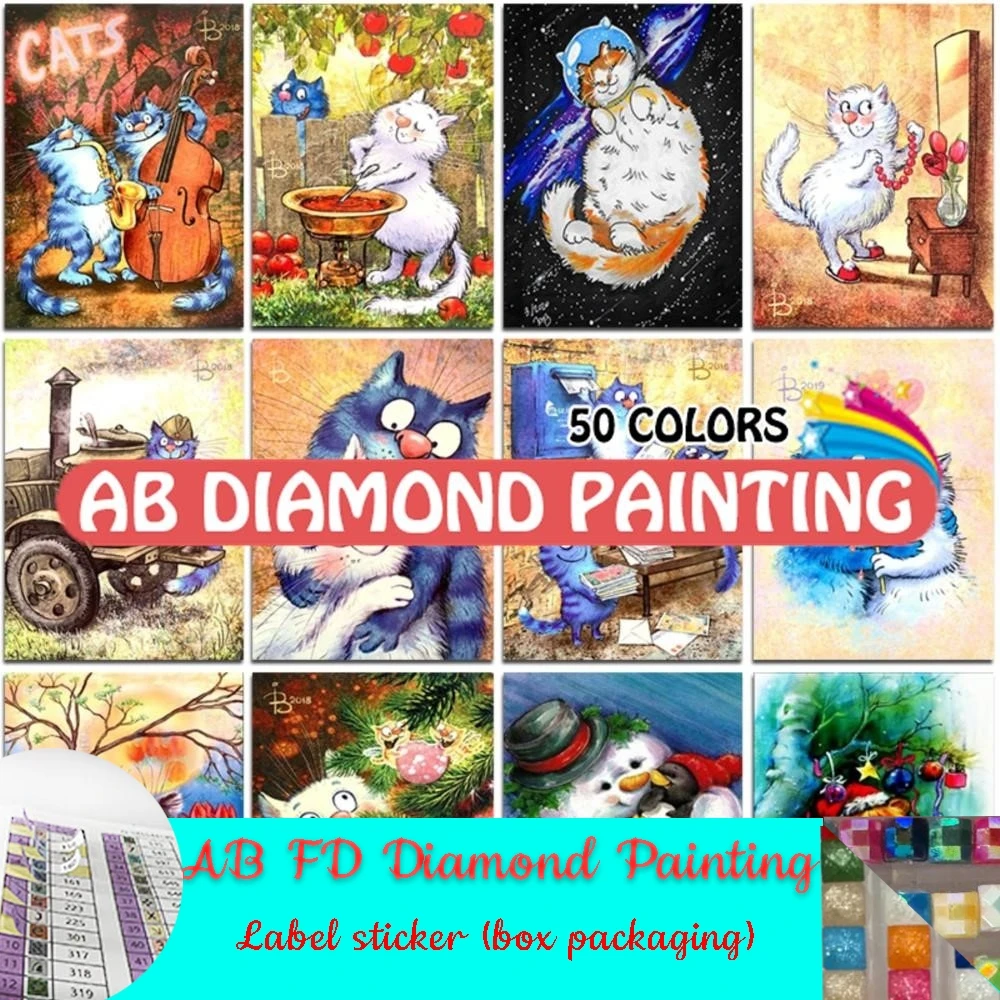 AB FD Diamond Painting Blue Cat Russian 5D Diy Embroidery Animal Mosaic Art Cross Stitch Home Mural Decor Cartoon Kit