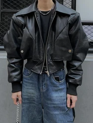 Mauroicardi Spring Autumn Cool Waterproof Black Pu Leather Jacket Men Shoulder Pads Long Sleeve Zipper Luxury Designer Clothes