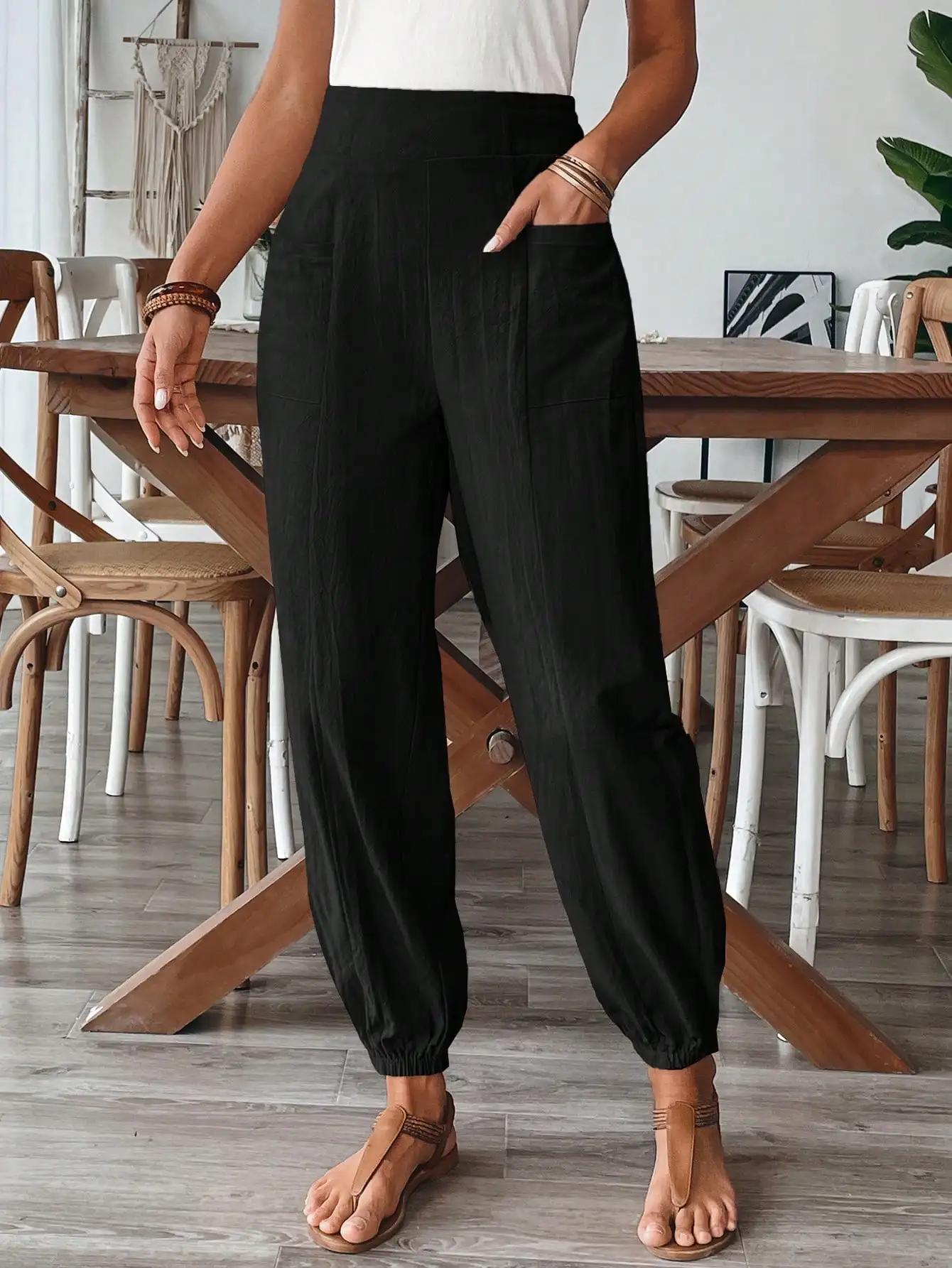 

Женские однотонные повседневные свободные брюки с эластичной резинкой на талии и карманами, хлопковые, длиной до щиколотки