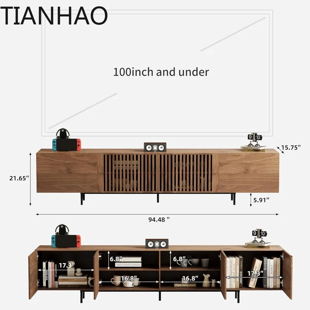 Modern Walnut TV Console for 70 Inch Screen  Long 94.48”Media Unit with Grille Doors and Storage Cabinets,Great for Living Rooms