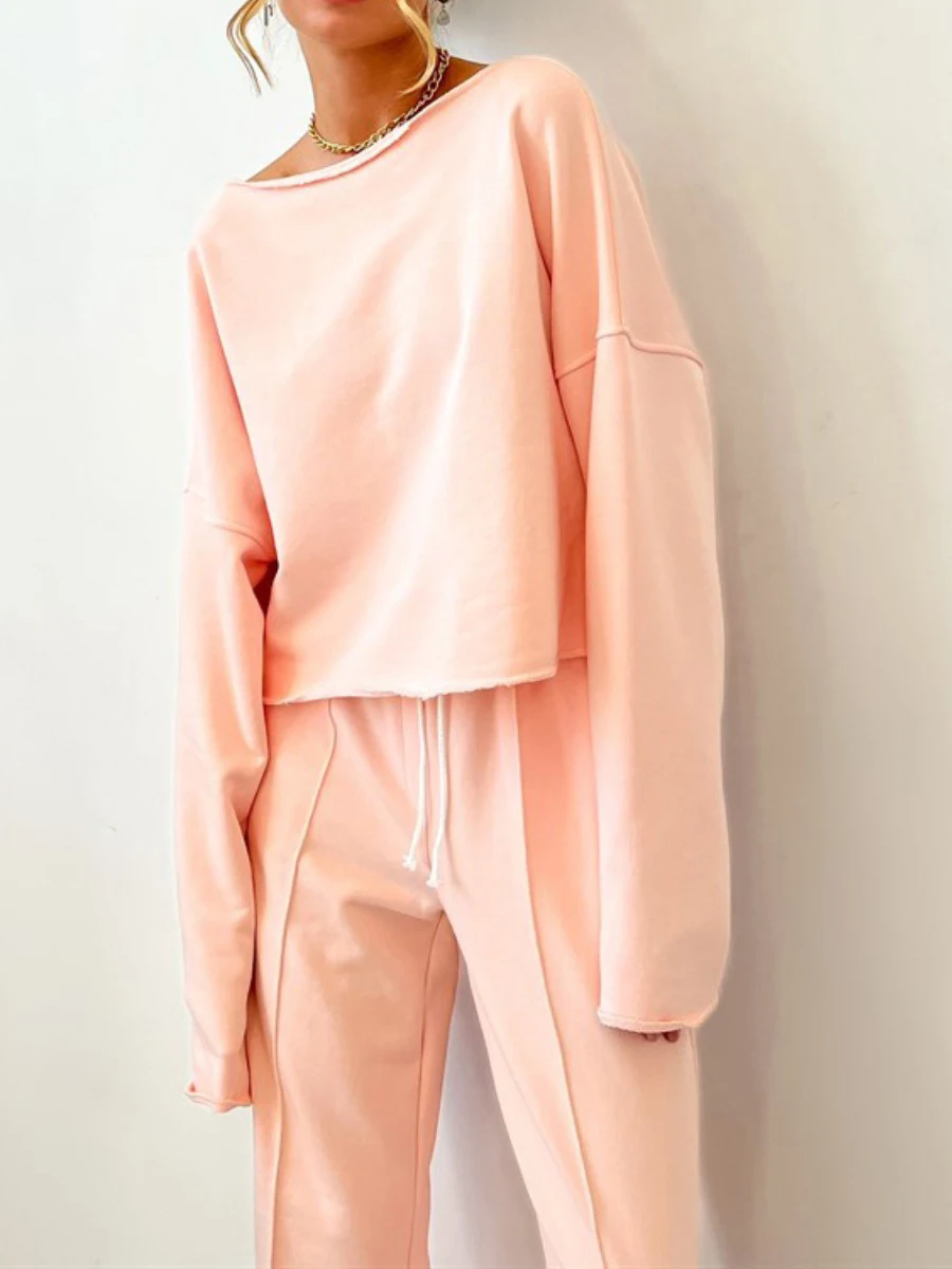 

Pink Women's Tracksuit with Pants 2024 Spring Wide Leg Trouser Suits O-neck Long Sleeve Top Loose Two Piece Set for Women Outfit