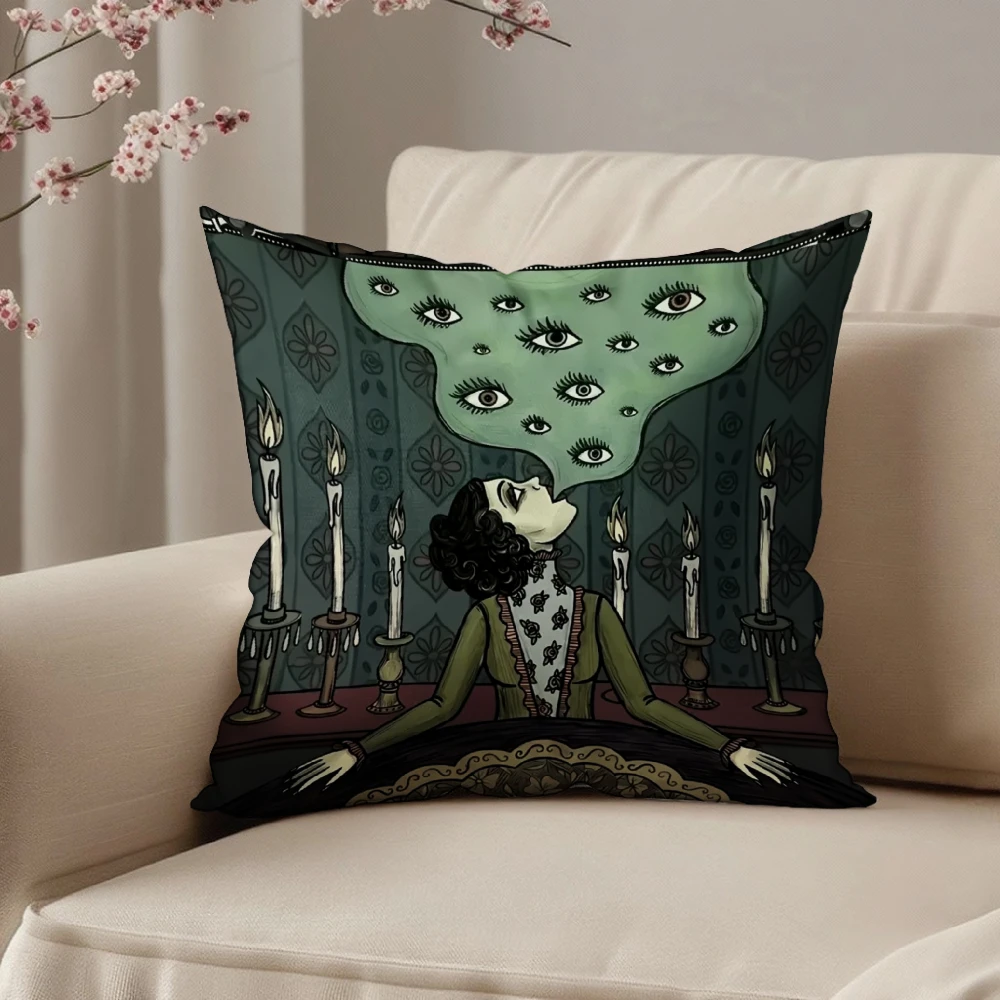 Square Throw Pillow Case Dark Green Surreal Woman With Floating Eyes And Candles Print Decorative Cushion Cover For Living Room