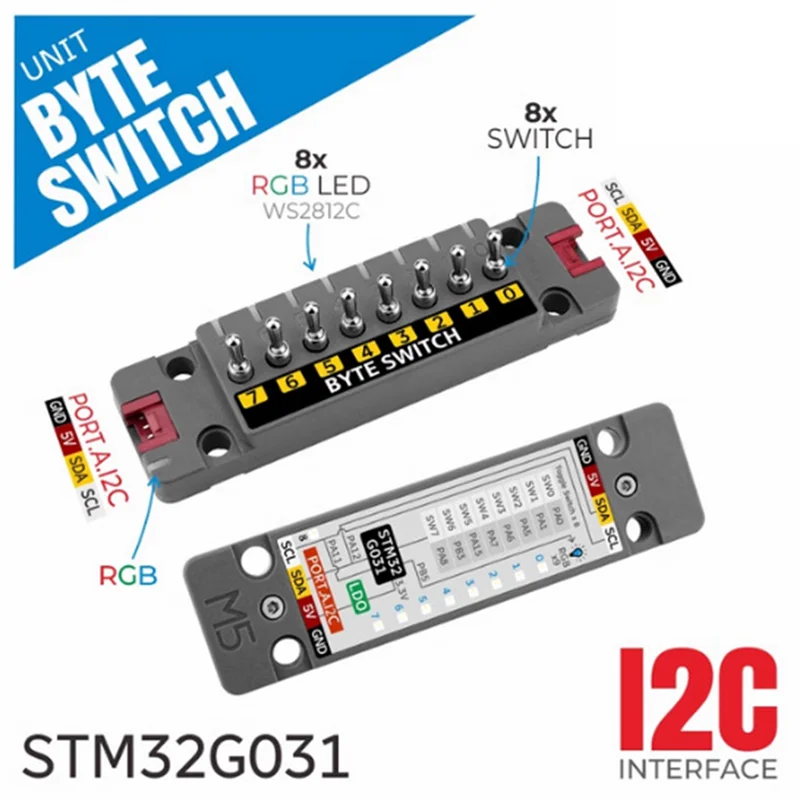 Unidade de botão de byte a003 m5stack com unidade de entrada de interruptor tátil de 8 vias stm32 luz rgb para controle de casa inteligente iot