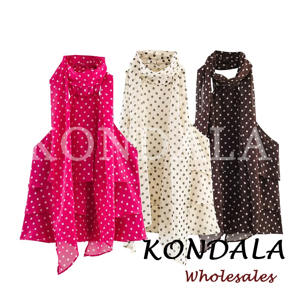 KONDALA Chic Summer Sexy Dot Women Top Fashion 2026 Neck-mounted Backless Elegant Sleeveless Shirt Female Tiered Casual Vest