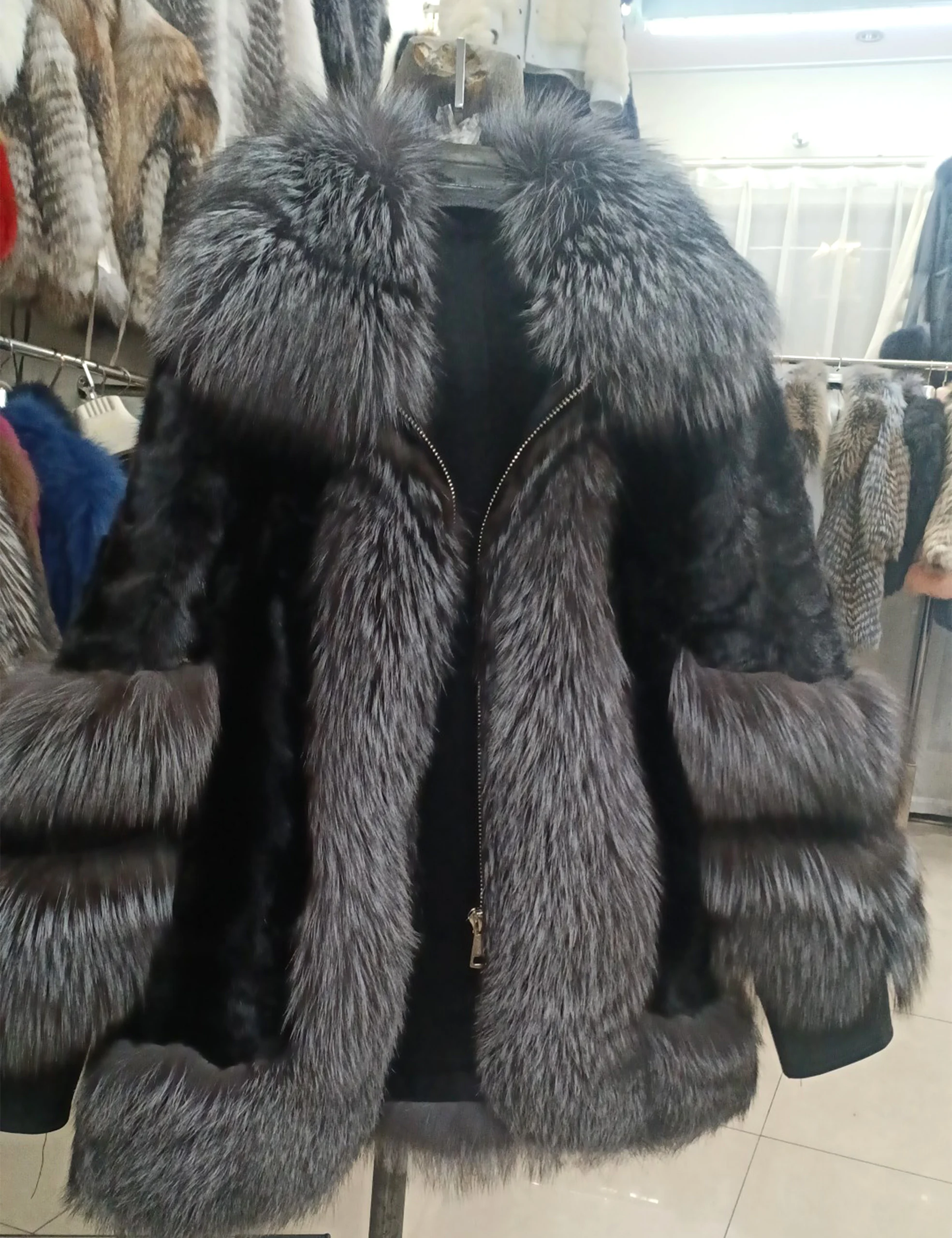 큰 여우 모피 칼라 밑단이있는 진짜 밍크 모피 코트 숙녀 겨울 자켓 럭셔리 streetwear