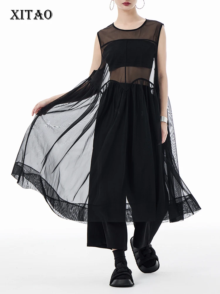 

XITAO Black Sleeveless Organza Dress Sexy Perspective Loose Fashion Simplicity Women Summer New All-natch Dress WLD20225