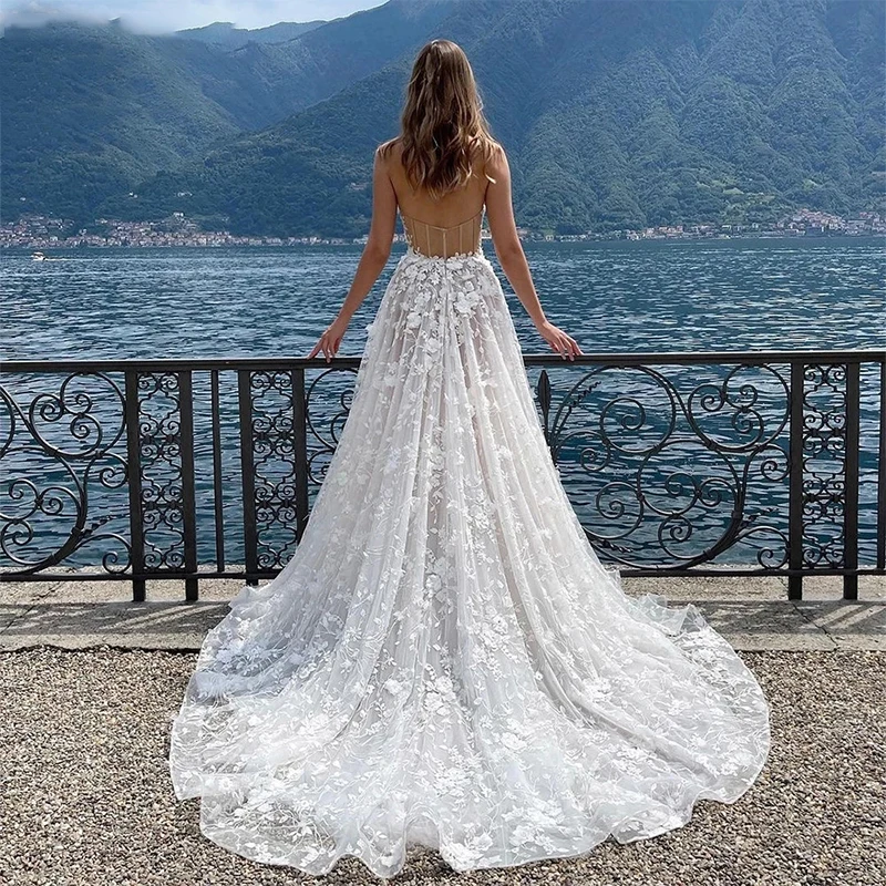 Sexy Sweetheart Lace Wedding Dress A Line High Side Split Appliqué Sleeveless Beach Bridal Gowns Vestido De Novia Sweep Train