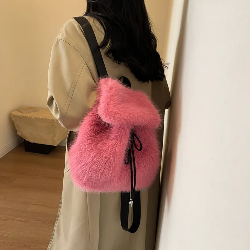 Y2k Plush Backpack Women Small Cute Drawstring Leopard Fluffy Bag Solid Soft Fleece Knapsack Winter Warm Faux Fur Mini Backpack