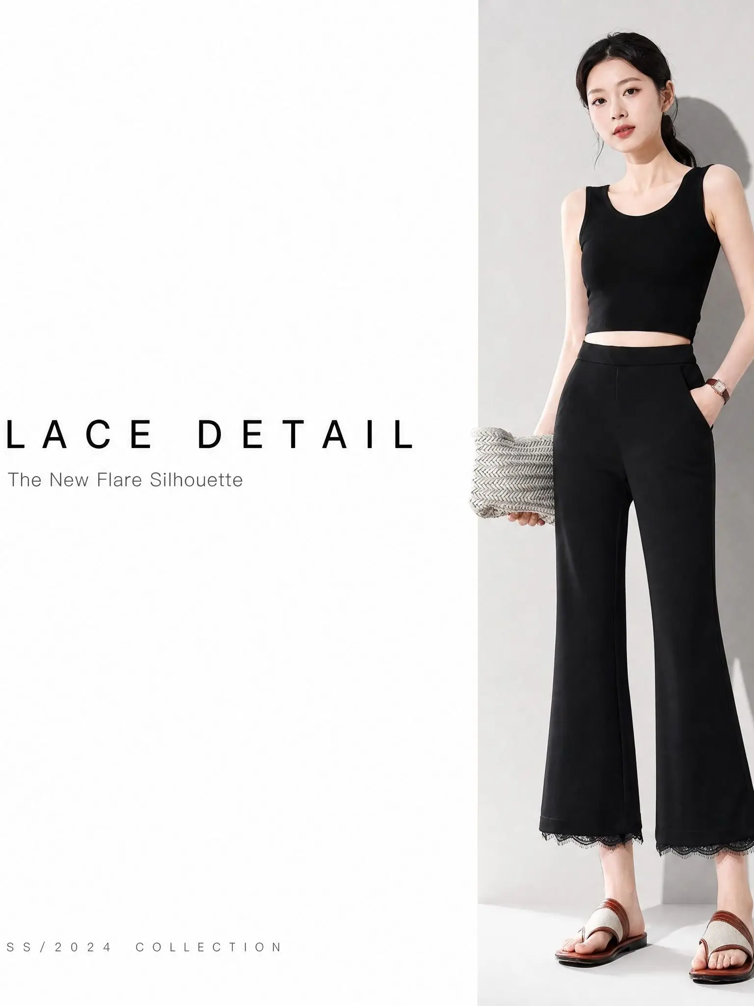 

Elegant High Waist Bell Bottom Pants Summer Thin Casual Slimming Black Versatile Lace Splicing Casual Pants for Women