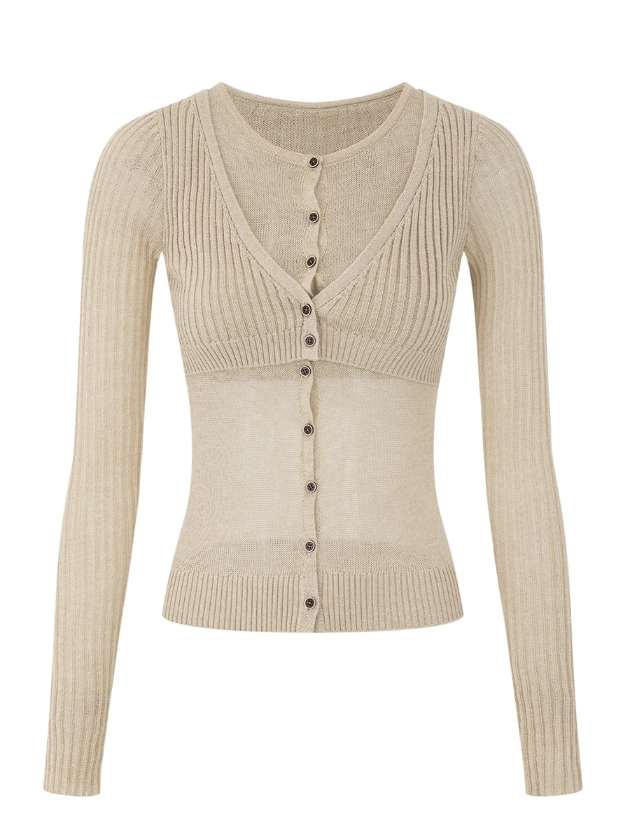 Unique Design Knitted Two-Piece Long Sleeve Button-Up Casual Elegant Autumn Top Fake Two-Piece Style Loose Fit Fashionable