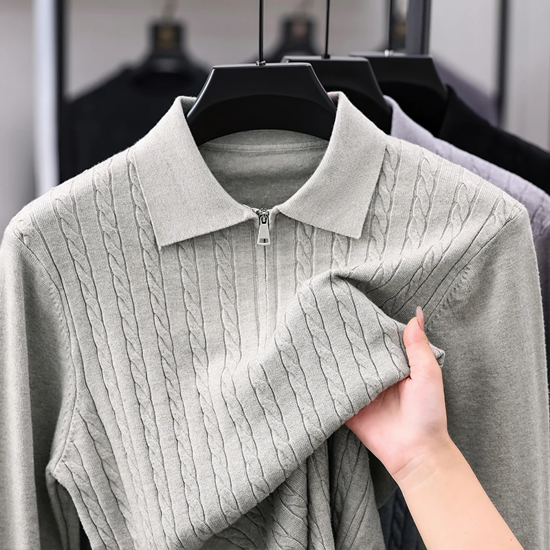 Men Long-Sleeved Knitwear Solid Color Lapel Half-Zip Jacquard Weaving Autumn Winter New Pullover Casual Fashion Men's Clothing