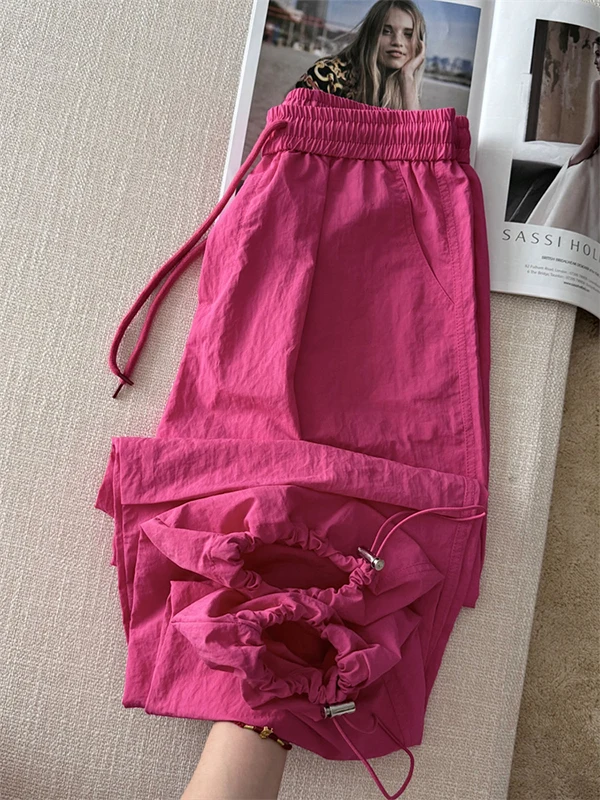 ドラゴンフルーツカラー クイドライ ハーレムパンツ レディース 夏 薄手 Dストリング エラスティック ハイウエスト スリミング カジュアルパンツ