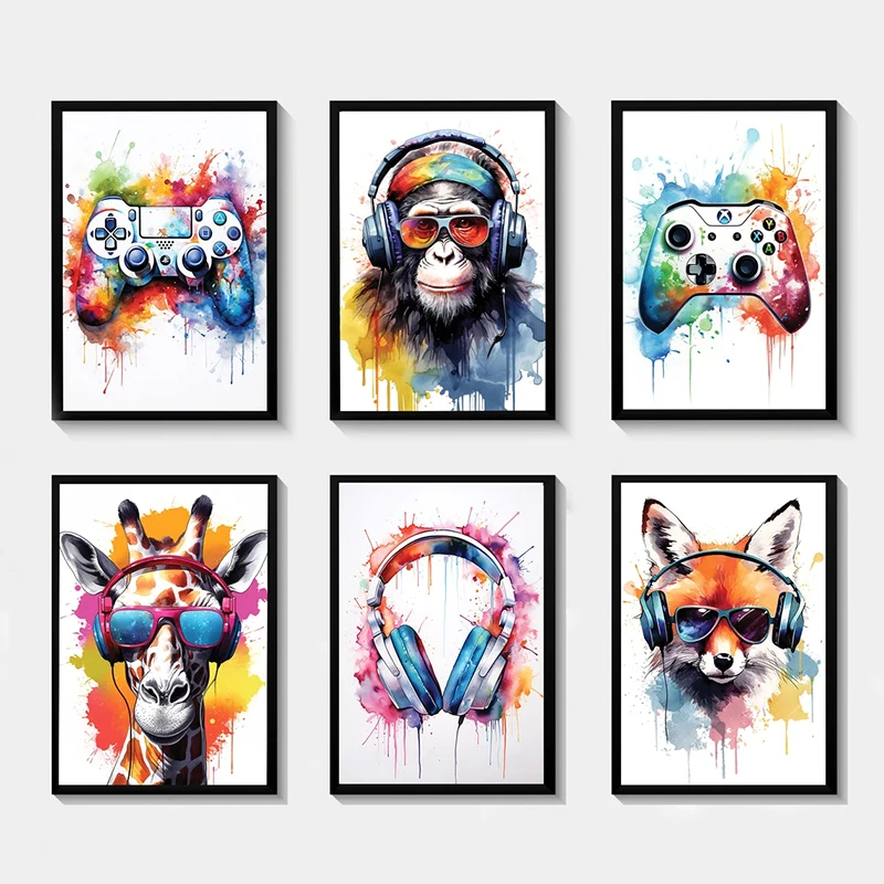 Earphone Animals Gaming Wall Posters and Prints Gamepad Illustrator Pictures for Game Room Art Canvas Paintings for Home Deco