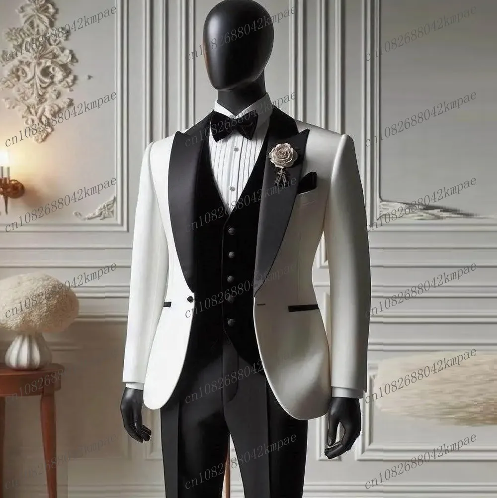 

Новый белый и черный мужской костюм для торжественных случаев, жениха, жениха, свадебной вечеринки, выпускного вечера, мужские смокинги, комплект из 3 предметов, пиджак, жилет, брюки
