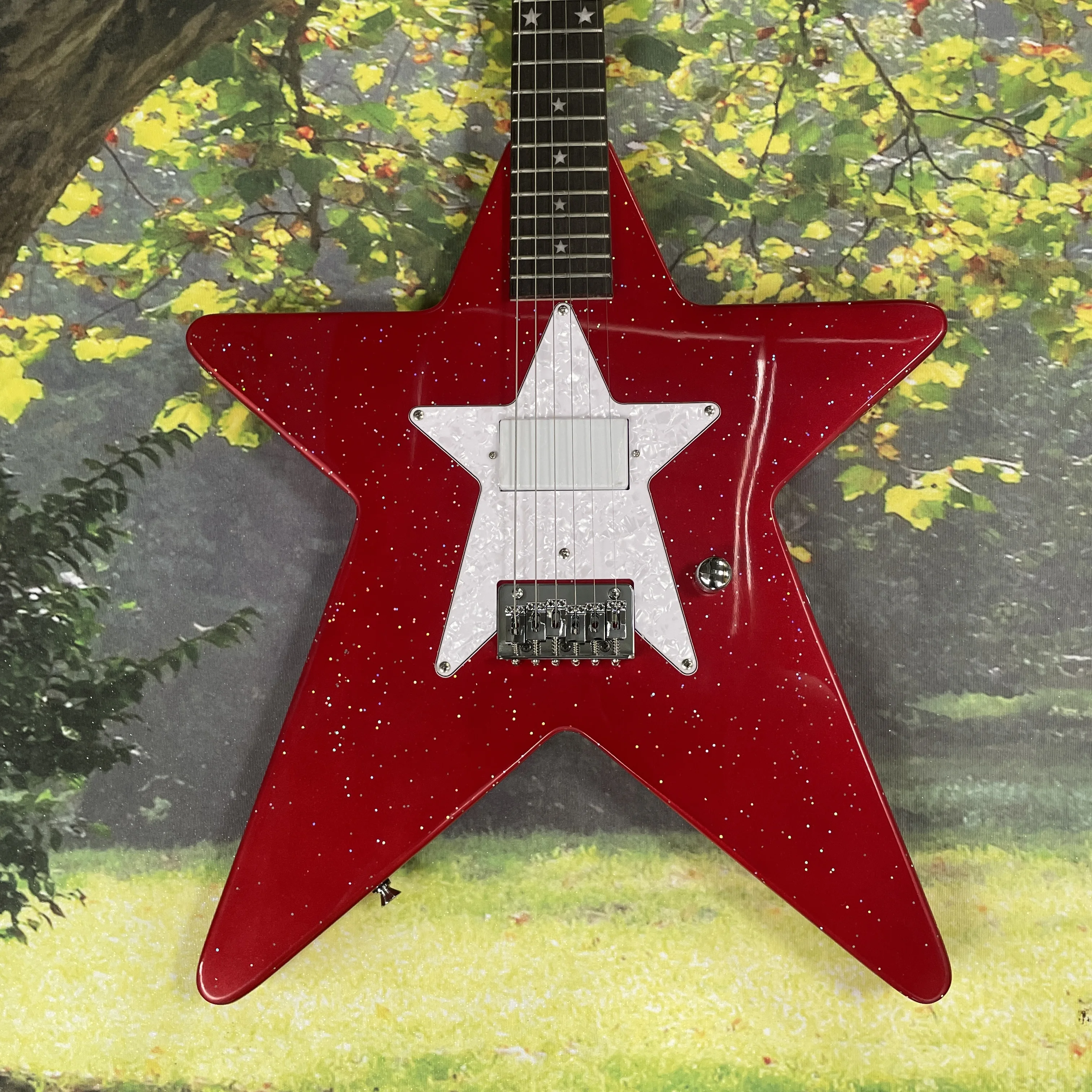 Red Sparkle Electric Guitar, Mahogany Body, Single Pickup, Star Pearl Pickguard, Chrome Fixed Bridge, 6 String Right Hand