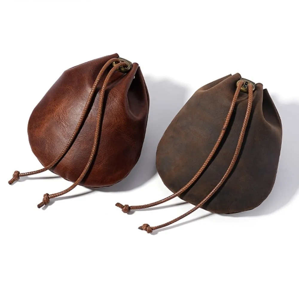 Handmade Portable Leather Drawstring Pouch Retro Nordic Style Coin Holders Genuine Leather Coin Purses Coin Jewelry Storage