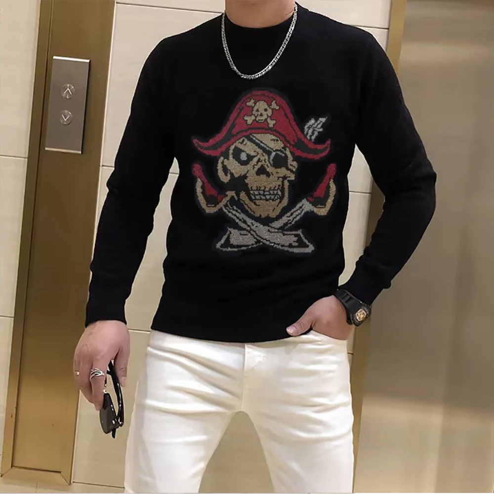 Luxury Men's Sweater Designer Brand Rhinestone Skull Streetwear Male Pullover Winter Chic Fashion Warm Hoodie Hip-hop Clothing