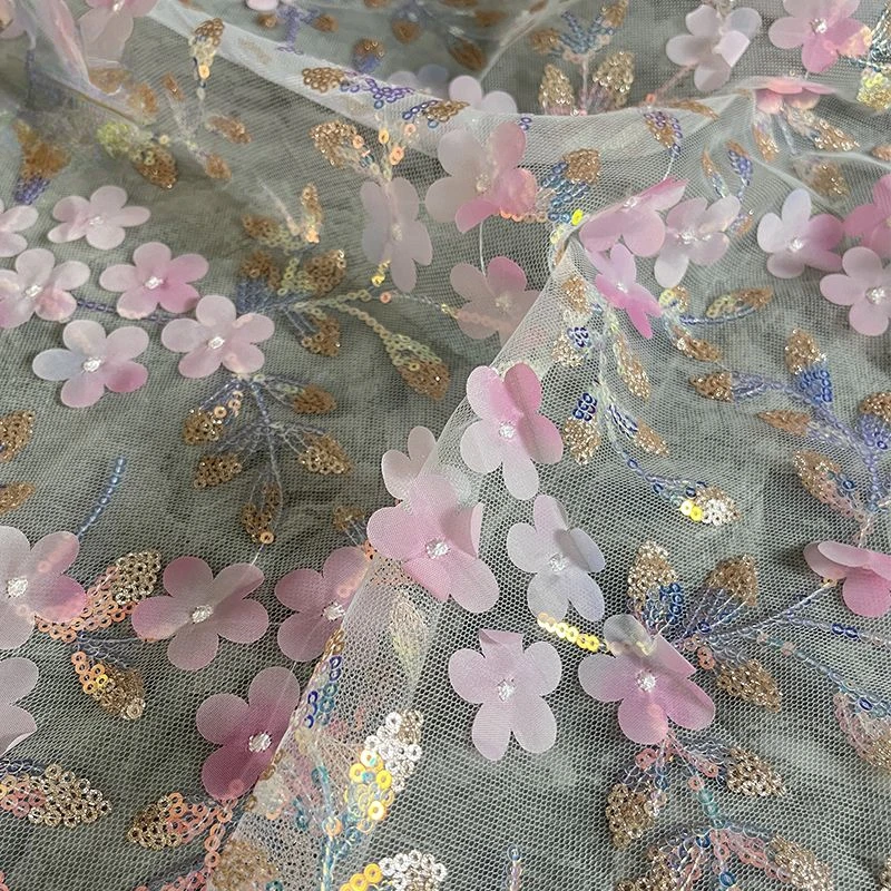 Pink Three-dimensional Flower Embroidery Mesh Gauze Fabric Sequins Embroidered Dress Cheongsam Dress Costume Designer Fabric