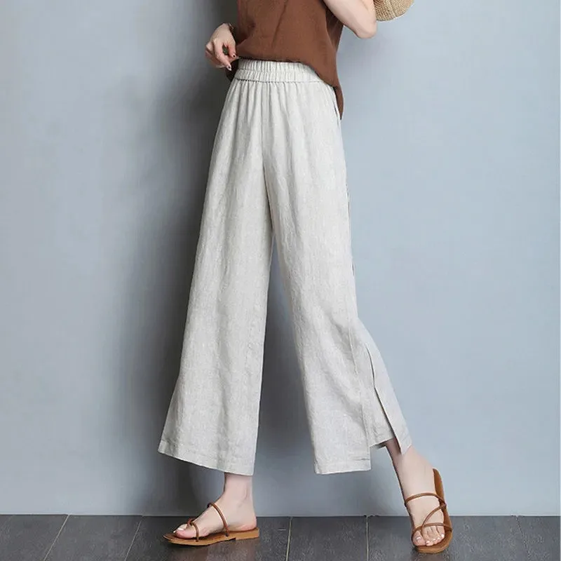 Pantalones de lino y algodón de pierna ancha de cintura alta para mujer, falda informal artística fina de verano, pantalones holgados adelgazantes de nueve puntos