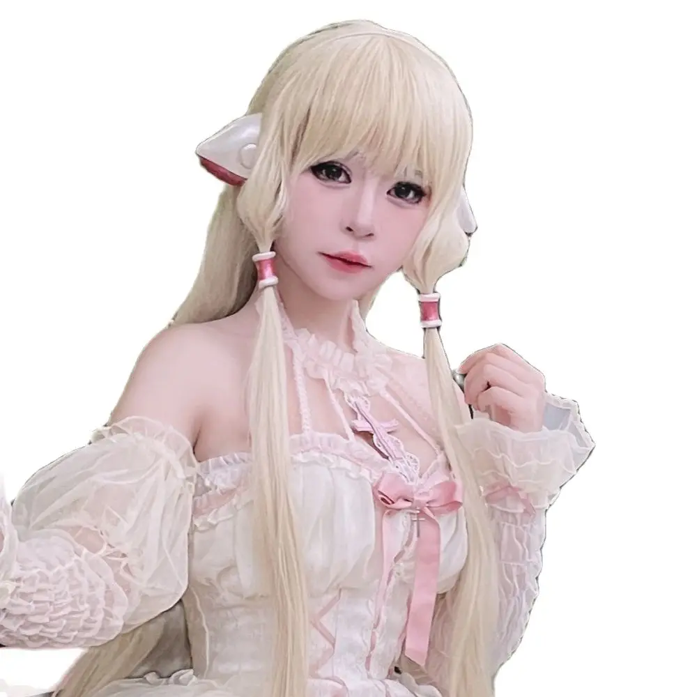 Anime Chobits Chi Cosplay Wig light gold Long hair Synthetic Wig Milk Golden Chobits Chi Wigs+Wig Cap