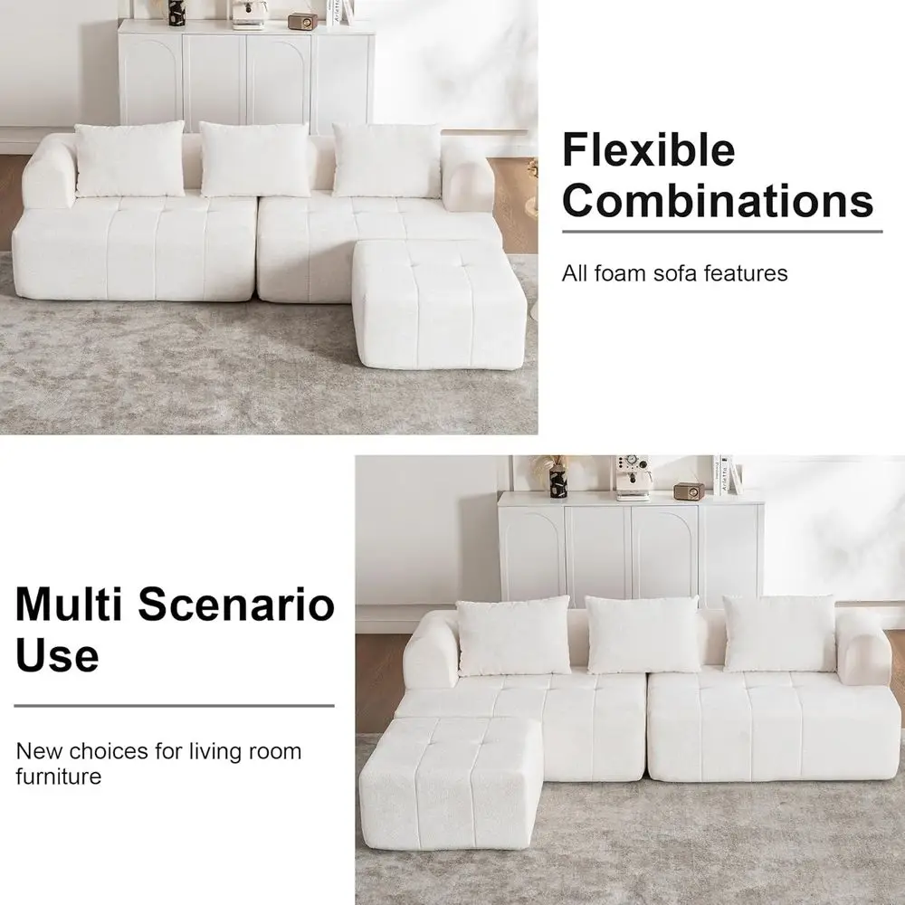 Divano componibile a L avorio 95 con posti a sedere profonde e pouf, tessuto ciniglia, mobili da soggiorno pronti da usare