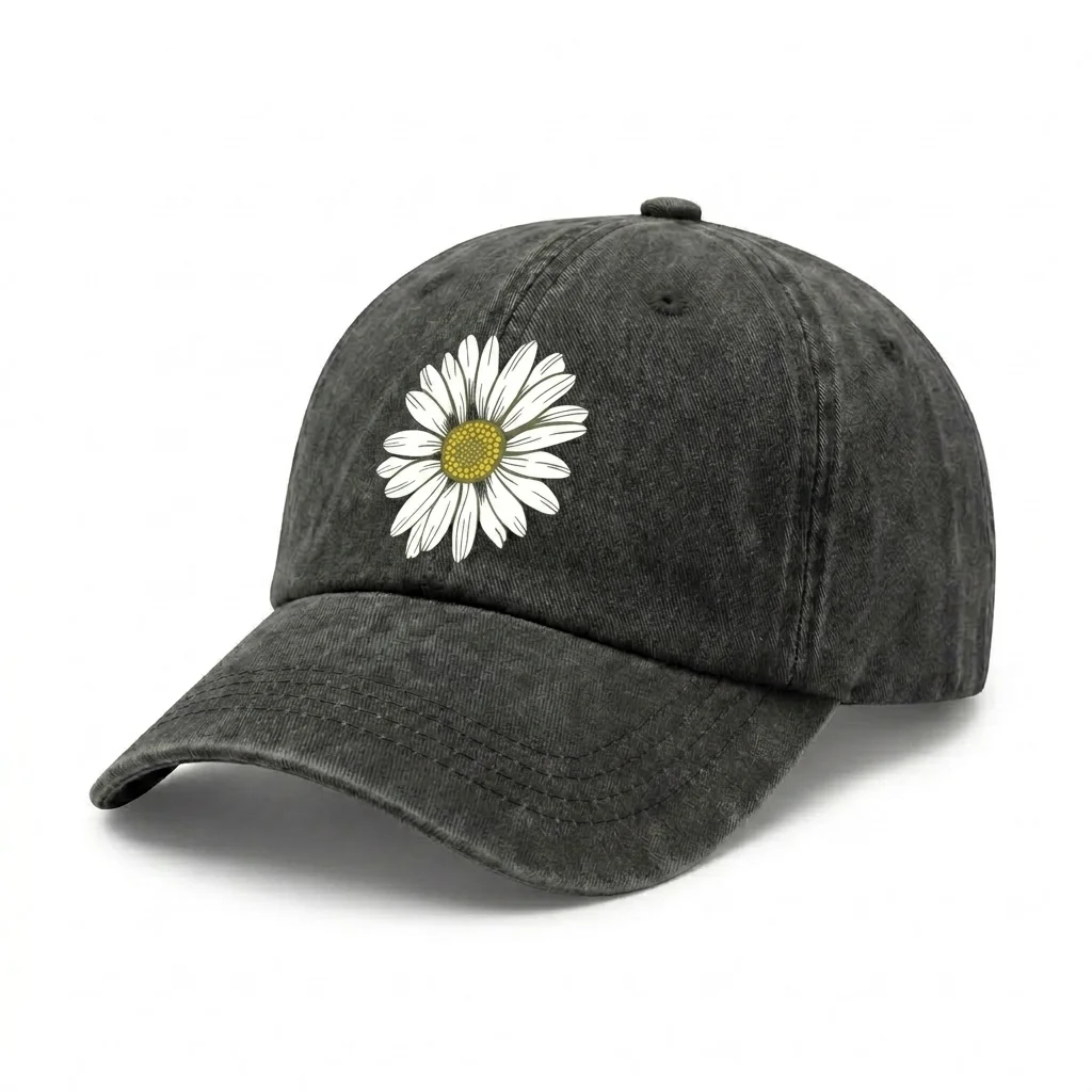 Vintage Washed White Daisy Flower Graphic Baseball Cap, Adjustable Unisex Dad Hat for Men and Women