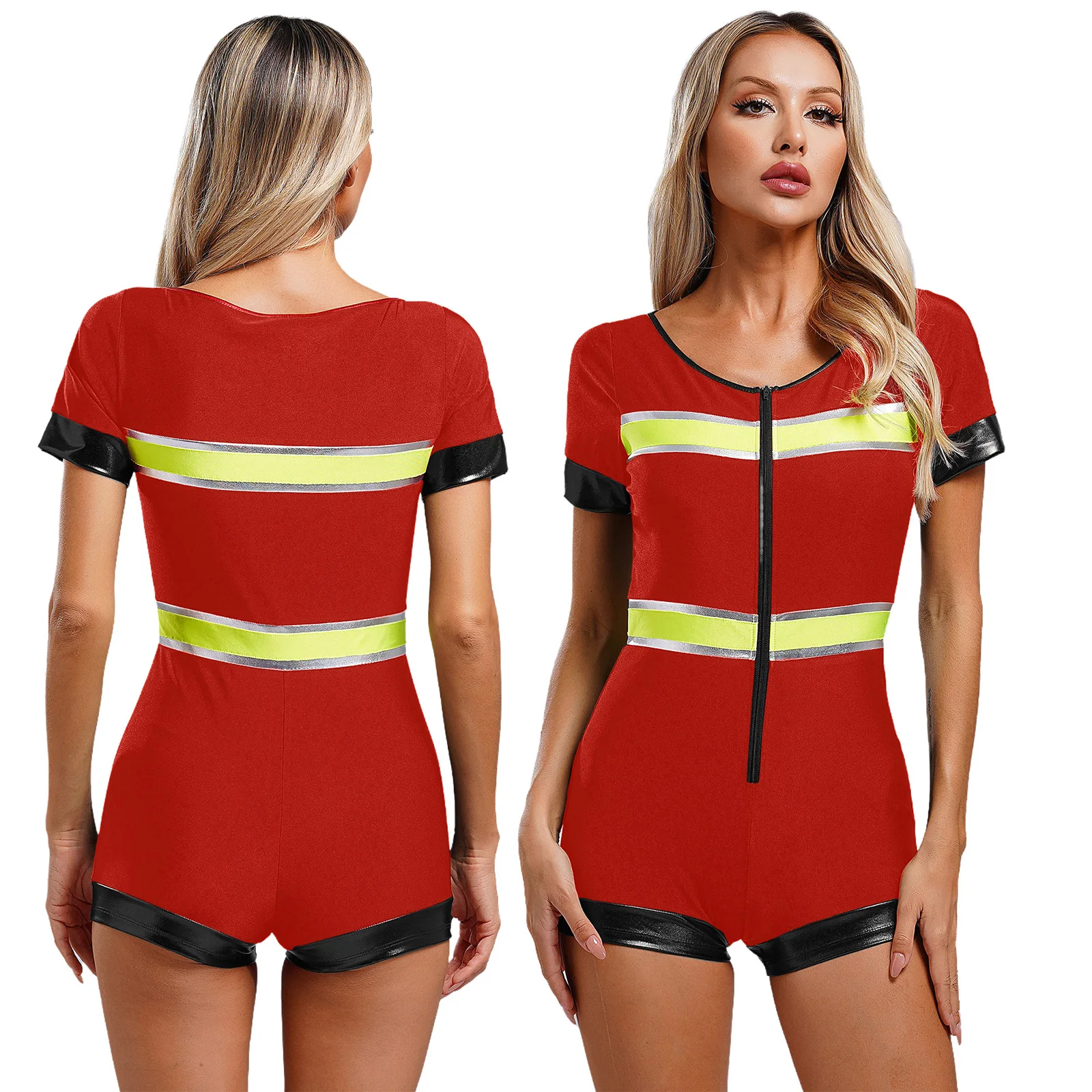 

Womens Firefighter Cosplay Costume Halloween Carnivals Themed Party Dress Up Clubwear Short Sleeve Front Zipper Striped Jumpsuit