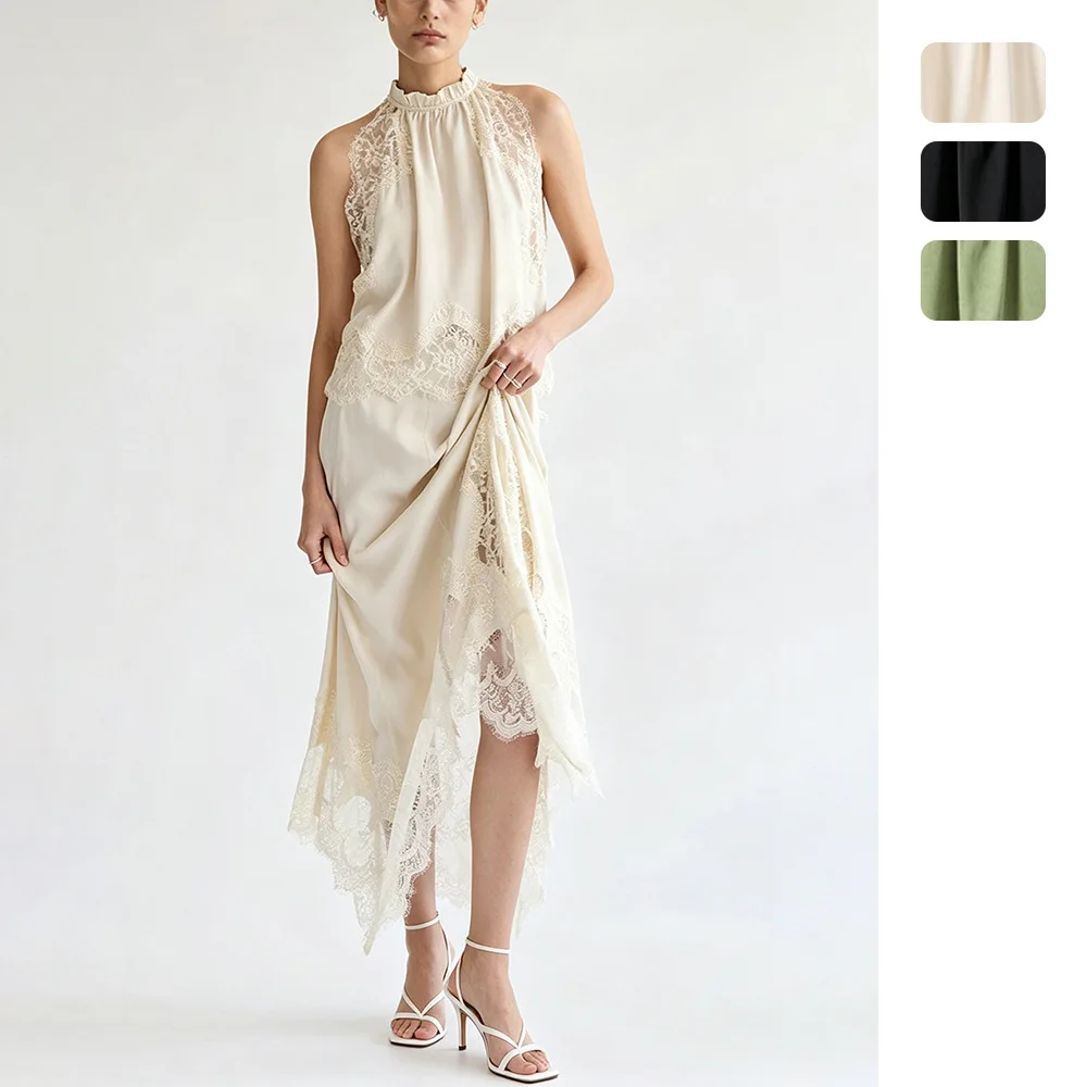 Women's Sleeveless Lace Split Two-piece Set Circular Neck West Hollow Out Patchwork Women. 3045 Dress Elegant Midi Luxury