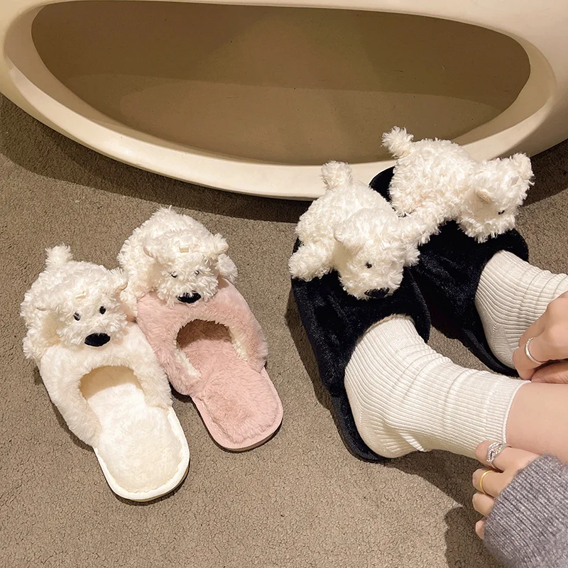 Winter new scribbled West Highlands cute warm home women's shoes cartoon puppy doll non-slip thick-soled plush cotton slippers