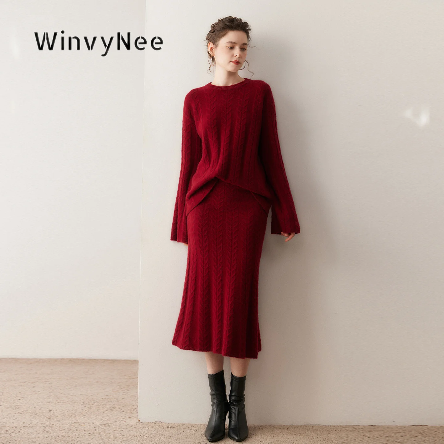 WinvyNee Womens Round Neck Cable Knit Mermaid Skirt Sets Warm Cashmere Wool Loose Solid Soft Autumn Winter Knit Suit F1654058