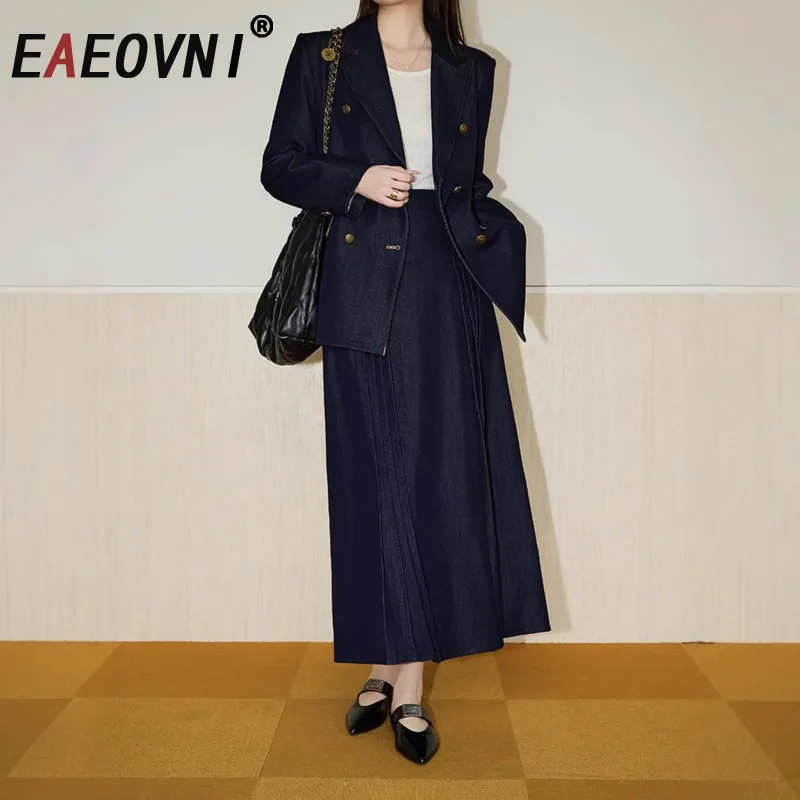 

EAEOVNI Vintage Women Set Double Button Long Sleeve Jacket Coat + A Line Folds Skirts Office Lady 2025 Autumn New Clothing
