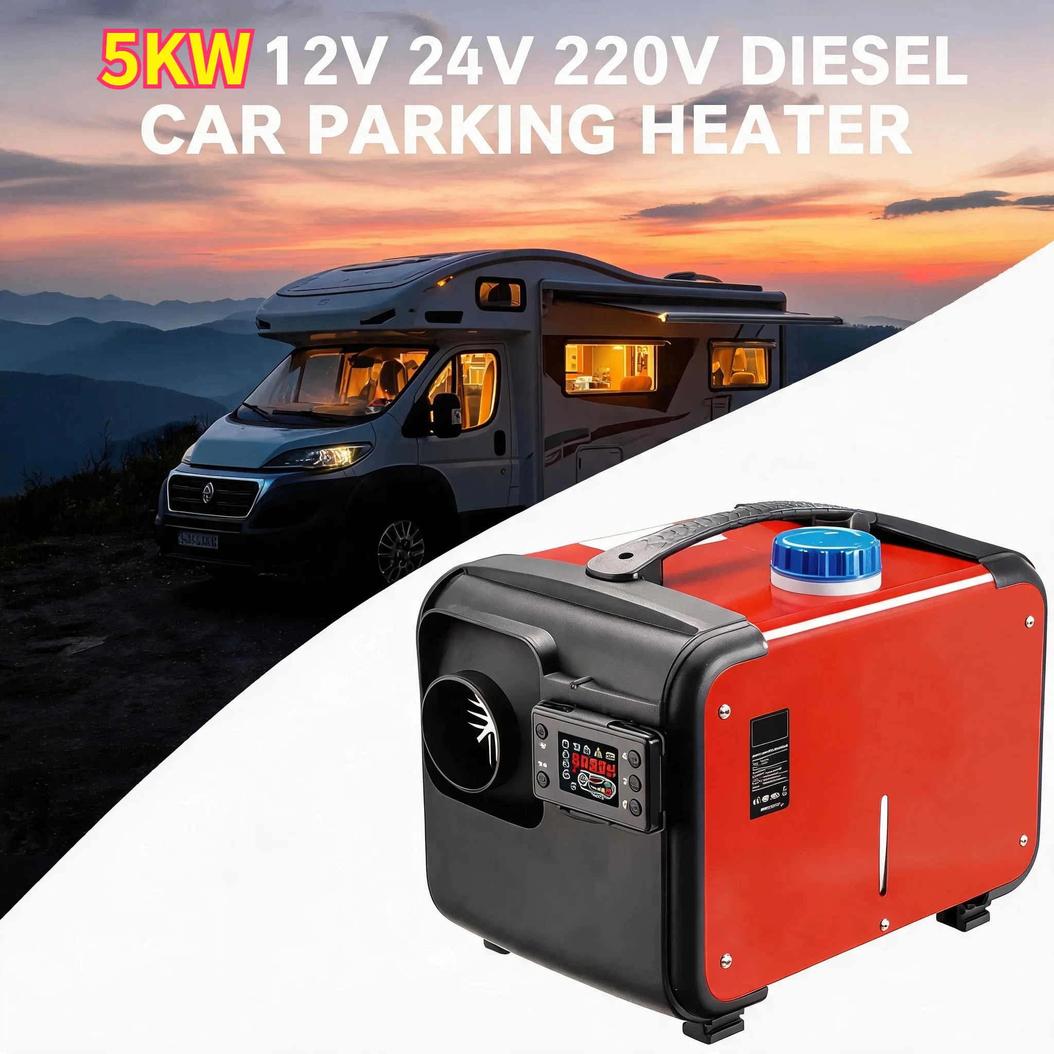 Low Noise 5KW 3 in 1 Car Diesel Parking Heater 12V 24V 220V Air Heater LCD Remote Control Engine Preheater for Truck Van RV Boat