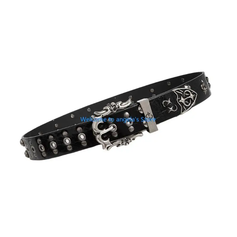 X4YC حزام مرصع للنساء قابل للتعديل بفتحة مزدوجة ومشبك نونسليب من جلد البولي يوريثان حزام الخصر على الطراز القوطي #1