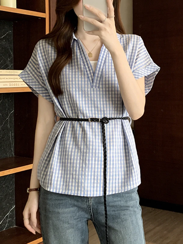 

Summer Women's Plaid Shirt Short Sleeve Neck Design Large Size Korean Style Breathable Skin-Friendly Casual Top