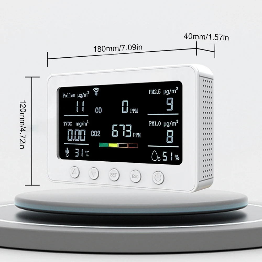 와이파이 공기질 모니터, 온도 및 습도 계량기 알람, 투야 앱 NDIR 센서, 2.4GHz, 8 인 1 CO2, CO, PM2.5, PM1.0, TVOC, 꽃가루